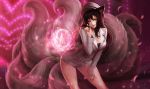  1girl ahri alternate_costume animal_ears bangs black_hair blurry breasts buttons cleavage closed_mouth confetti contrapposto depth_of_field energy_ball eyelashes facial_mark fox_ears fox_tail generation_ahri girls&#039;_generation goomrrat hair_between_eyes hand_on_own_thigh hat jacket league_of_legends leaning_forward lipstick long_hair long_sleeves looking_at_viewer makeup medium_breasts multiple_tails neon_lights peaked_cap red_lips short_shorts shorts slit_pupils sm_entertainment smile smirk solo tail whisker_markings white_hat white_jacket white_shorts yellow_eyes 