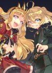 2girls :d ahoge belt blonde_hair blue_eyes cagliostro_(granblue_fantasy) crossover dress evil_grin evil_smile granblue_fantasy grin hairband half-closed_eye highres long_hair long_sleeves looking_at_viewer military military_uniform multiple_girls nanaki_awa open_mouth red_dress signature smile spiked_hairband tanya_degurechaff trait_connection uniform very_long_hair violet_eyes youjo_senki 