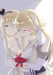  2girls bare_shoulders blonde_hair blue_eyes blush breasts cleavage closed_eyes collarbone commentary_request corset crown dress elbow_gloves fingerless_gloves flower gloves hair_between_eyes hairband hand_on_another&#039;s_head headgear_removed hug iowa_(kantai_collection) jewelry kantai_collection large_breasts long_hair long_sleeves looking_at_viewer mini_crown multiple_girls necklace off-shoulder_dress off_shoulder red_ribbon red_rose ribbon rose simple_background smile tachikoma_(mousou_teikoku) warspite_(kantai_collection) white_dress yuri 