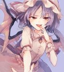  1girl :d ascot bat_wings blush brooch hat hat_ribbon hisona_(suaritesumi) jewelry lavender_hair looking_at_viewer mob_cap open_mouth red_eyes remilia_scarlet ribbon short_hair smile solo touhou wings 