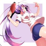  1girl ass bad_anatomy blush buruma chihaya_72 from_side gym_uniform hair_ribbon highres kamiya_agari long_hair open_mouth paddle profile purple_hair ribbon shakunetsu_no_takkyuu_musume solo swinging table_tennis_paddle twintails violet_eyes 