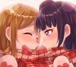  2girls bangs blue_hair blush brown_hair closed_eyes commentary_request face-to-face kunikida_hanamaru looking_at_another love_live! love_live!_sunshine!! mittens multiple_girls open_mouth plaid plaid_scarf scarf shared_scarf shima_(mahirooon) side_bun signature smile tsushima_yoshiko twitter_username violet_eyes winter_clothes yuri 