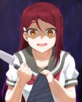  1girl :d aura bangs breasts brown_hair collarbone commentary_request dark_aura eyebrows_visible_through_hair hair_between_eyes hair_ornament hairclip highres holding holding_knife kannazuki_kenji kitchen_knife knife long_hair looking_at_viewer love_live! love_live!_sunshine!! medium_breasts neckerchief necktie necktie_grab neckwear_grab open_mouth redhead sakurauchi_riko school_uniform serafuku shaded_face shirt short_sleeves smile solo_focus striped striped_necktie swept_bangs upper_body white_shirt yandere 