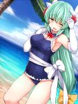 1girl ;d alternate_costume aqua_hair armpits bangs beach blush bow breasts cowboy_shot day detached_collar dragon_girl dragon_horns elbow_gloves fate/grand_order fate_(series) flower gloves gluteal_fold hair_bow hair_flower hair_ornament horns jirou_(tamaho39) kiyohime_(fate/grand_order) long_hair looking_at_viewer medium_breasts one-piece_swimsuit one_eye_closed open_mouth outdoors sash sideboob smile solo swimsuit very_long_hair white_gloves yellow_bow yellow_eyes 