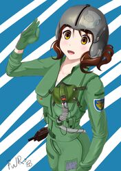  1girl absurdres arm_at_side artist_name blush brown_hair cosplay fuuru gloves gun h&amp;k_mp7 helmet hibike!_euphonium highres japan_air_self-defense_force looking_at_viewer looking_up mask messy_hair military military_uniform open_mouth oumae_kumiko pilot pilot_suit salute short_hair smile solo submachine_gun two-tone_background uniform weapon yellow_eyes 