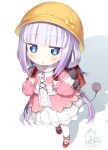  1girl artist_name backpack bag bag_charm bangs beads blue_eyes blunt_bangs blush capelet child dated dragon_girl dragon_horns eyebrows_visible_through_hair from_above full_body gradient_hair hair_beads hair_ornament hat hibanar horns kanna_kamui kobayashi-san_chi_no_maidragon lavender_hair long_hair long_sleeves looking_at_viewer looking_up low_twintails multicolored_hair open_mouth purple_hair randoseru school_hat signature simple_background slit_pupils solo standing tail thigh-highs twintails white_background white_legwear 