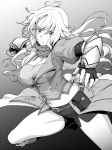  &gt;:( 1girl belt boots breasts buckle cleavage closed_mouth fingerless_gloves gloves greyscale hiroya_juuren incoming_punch jacket knee_boots large_breasts long_hair looking_at_viewer monochrome navel puffy_short_sleeves puffy_sleeves rwby short_shorts short_sleeves shorts solo strapless tubetop vambraces waist_cape wavy_hair yang_xiao_long 
