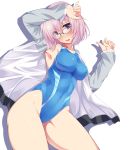  1girl arms_up blue_swimsuit blush breasts competition_swimsuit contrapposto covered_navel cowboy_shot eyebrows_visible_through_hair fate/grand_order fate_(series) glasses highleg highleg_swimsuit highres jacket lavender_hair looking_at_viewer nksk one-piece_swimsuit shielder_(fate/grand_order) short_hair solo swimsuit violet_eyes white_background white_jacket 