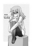  1girl breast_press breasts character_name closed_mouth dated english eyebrows_visible_through_hair feet full_body greyscale hair_between_eyes happy_birthday head_tilt ichinose_yayoi large_breasts leg_hug long_hair long_riders! looking_at_viewer miyake_taishi monochrome no_shoes number official_art outside_border own_hands_together panties panties_under_pantyhose pantyhose polka_dot polka_dot_background ribbed_sweater sitting sleeves_past_wrists smile solo sweater thick_eyebrows turtleneck turtleneck_sweater underwear 