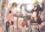  5girls adapted_costume all_fours alternate_costume armadillo-tokage ass backlighting bare_legs barefoot bismarck_(kantai_collection) black_bra black_jacket black_legwear black_panties black_ribbon blonde_hair blue_eyes blush bra breasts brown_eyes brown_hair chair cleavage coffee_mug collarbone cup day eyebrows_visible_through_hair feet_on_chair flower frilled_bra frills full_body fur green_panties hair_between_eyes hair_ribbon hand_in_hair holding holding_bra indoors jacket jitome kantai_collection kitchen long_hair looking_at_viewer medium_breasts midriff multiple_girls navel newspaper no_headwear one_eye_closed open_clothes open_jacket open_mouth open_shirt panties parted_lips pencil pink_panties plant prinz_eugen_(kantai_collection) profile reading red_panties ribbon shark shawl shirt sitting sleepy slippers slippers_removed squatting standing stomach strap_gap striped striped_panties sunlight table teacup thigh-highs tile_floor tiles toeless_legwear topless toy tulip twintails u-511_(kantai_collection) under_table underwear underwear_only vase violet_eyes white_panties writing yawning z1_leberecht_maass_(kantai_collection) z3_max_schultz_(kantai_collection) 