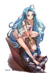  1boy 1girl :/ ahoge armor blue_eyes blue_hair blush breasts brown_hair choker closed_mouth collarbone dress fighter_(granblue_fantasy) from_above gran_(granblue_fantasy) granblue_fantasy hands_on_another&#039;s_head highres long_hair looking_up lyria_(granblue_fantasy) number one_eye_closed short_hair sitting sjh sleeveless sleeveless_dress small_breasts strapless strapless_dress sweatdrop twitter_username very_long_hair white_background white_dress wooden_box 