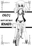  1girl arm_behind_back bicycle bike_jersey bike_shorts bikini blush character_name closed_mouth clothes_writing dated english fang_out flat_chest full_body greyscale groin ground_vehicle happy_birthday long_hair long_riders! miyake_taishi monochrome navel number official_art open_clothes open_shirt saijou_hinako shirt shoes smile solo standing swimsuit twintails 