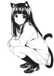  1girl animal_ears black_legwear blush caidychen cat_ears cat_tail greyscale highres long_hair monochrome original school_uniform shoes simple_background skirt smile solo squatting sweater tail white_background 