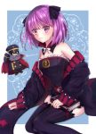  1girl bare_shoulders belt black_legwear blush book bow detached_sleeves fate/grand_order fate_(series) flat_chest hair_bow helena_blavatsky_(fate/grand_order) highres long_hair looking_at_viewer purple_hair short_hair smile solo strapless tanaji thigh-highs tree_of_life violet_eyes 
