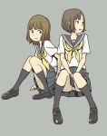  2girls bad_id bad_pixiv_id black_legwear black_shoes blouse blue_sailor_collar blue_skirt brown_eyes brown_hair flat_color full_body highres hosoo kneehighs knees_together_feet_apart loafers looking_to_the_side monochrome multiple_girls neckerchief original panties pantyshot pantyshot_(sitting) pensive pleated_skirt sailor_collar school_uniform serafuku shoes short_sleeves side-by-side sitting skirt smile underwear white_blouse white_panties yellow_neckerchief 