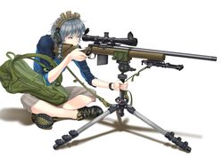  backpack bag bolt_action braid contemporary ear_protection earmuffs gun izayoi_sakuya maid maid_headdress rifle shoes shorts silver_hair sneakers sniper_rifle sunaipu_(age-zero) touhou tripod twin_braids watch weapon 