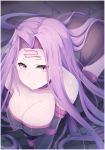  1girl all_fours bare_shoulders boots breasts cracked_floor dress erect_nipples facial_mark fate/stay_night fate_(series) forehead_mark from_above highres large_breasts looking_at_viewer purple_hair rider solo strapless strapless_dress thigh-highs thigh_boots violet_eyes wadakazu 