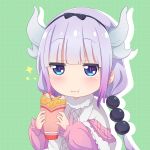 1girl :i absurdres blue_eyes blush capelet closed_mouth crepe dragon_girl dragon_horns eyebrows_visible_through_hair food food_on_face fruit gradient_hair grey_background hairband highres holding holding_food horns jitome kanna_kamui kobayashi-san_chi_no_maidragon kukie-nyan lavender_hair long_sleeves low_twintails multicolored_hair silhouette slit_pupils solo sparkle strawberry tail twintails upper_body 
