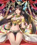  1girl absurdres adjusting_hair animal_ears armlet bastet black_hair bracelet breasts cleavage earrings egyptian_mythology fang hair_ornament hair_rings highres indoors jewelry kazamine_mayuki long_hair midriff nail_polish navel open_mouth original red_eyes red_nails shingoku_no_valhalla_gate solo tail 