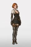  1girl absurdres blue_eyes breasts cleavage full_body gauntlets gradient gradient_background greaves grey_background highres leg_armor namgwon_lee orange_hair redhead short_hair solo 