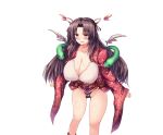  1girl bangs blush breasts brown_eyes brown_hair cleavage dragon_providence gorgon groin hair_ornament huge_breasts leaning_forward long_hair looking_at_viewer official_art open_mouth parted_bangs parted_lips snake solo standing wide_sleeves 