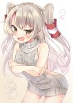  1girl amatsukaze_(kantai_collection) angry aran_sweater backless_outfit bare_back blush brown_eyes fang grey_sweater highres irone_(miyamiya38) kantai_collection long_hair looking_at_viewer naked_sweater open_mouth rensouhou-kun silver_hair sweater turtleneck turtleneck_sweater two_side_up virgin_killer_sweater 