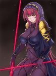  1girl akira_(yuibnm71) bangs blush bodysuit breasts closed_mouth covered_navel cowboy_shot dual_wielding fate/grand_order fate_(series) from_side gae_bolg highres holding holding_weapon large_breasts long_hair looking_at_viewer looking_to_the_side pauldrons purple_bodysuit purple_hair red_eyes scathach_(fate/grand_order) smile solo veil very_long_hair weapon 
