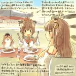  2girls :d ahoge animal bare_shoulders brown_eyes brown_hair commentary_request cup curry curry_rice dated day detached_sleeves double_bun drinking_glass food fork hairband hamster headgear holding holding_fork holding_spoon kantai_collection kirisawa_juuzou kongou_(kantai_collection) long_hair multiple_girls non-human_admiral_(kantai_collection) numbered open_mouth ponytail rice sitting smile spoon submarine traditional_media translation_request twitter_username watercraft yamato_(kantai_collection) younger 