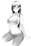  1girl bikini bikini_top breasts denim front-tie_bikini front-tie_top greyscale highres hiiragi_yuuichi jeans long_hair looking_at_viewer medium_breasts monochrome navel open_fly pants simple_background sitting sketch solo strap_gap striped striped_bikini swimsuit untied untied_bikini white_background 