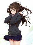  1girl black_coat black_hair blue_skirt buttons closed_mouth coat commentary_request cowboy_shot green_eyes idolmaster idolmaster_cinderella_girls kawai_makoto long_hair long_sleeves looking_afar original pleated_skirt shibuya_rin skirt sleeves_past_wrists smile solo wing_collar 