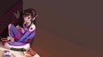  1girl against_wall between_legs blush bodysuit book brown_eyes brown_hair character_name chopsticks covered_navel d.va_(overwatch) egg facepaint food food_in_mouth hand_between_legs handheld_game_console headgear headphones highres knee_up long_hair looking_at_viewer mouth_hold o-yatsu overwatch photoshop playing_games playstation_portable ramen sitting solo wallpaper 