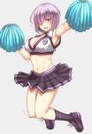  1girl alternate_costume arm_up armpits black_legwear blush breasts cheering cheerleader choker cleavage eyebrows_visible_through_hair fate/grand_order fate_(series) gloves hair_over_one_eye highres jumping kneehighs large_breasts looking_at_viewer michihasu midriff navel open_mouth pleated_skirt pom_poms purple_gloves shielder_(fate/grand_order) shoes short_hair simple_background skirt sneakers solo sweat violet_eyes 