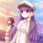  2girls blue_hair cat error_musume female_admiral_(kantai_collection) girl_holding_a_cat_(kantai_collection) hat kantai_collection military military_hat military_uniform miniskirt multiple_girls pleated_skirt pouty_lips purple_hair rizuriri school_uniform serafuku skirt smile thigh-highs twintails uniform violet_eyes zettai_ryouiki 