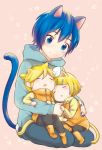  1girl 2boys animal_ears blonde_hair blue_eyes blue_hair blue_nails blush boots cat_ears cat_tail child closed_eyes drooling hair_ornament hairclip hood hoodie hug kagamine_len kagamine_rin kaito kemonomimi_mode kikuchi_mataha looking_at_another multiple_boys nail_polish open_mouth paw_print seiza short_hair simple_background sitting sitting_on_lap sitting_on_person sleeping smile tail vocaloid younger 