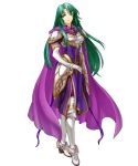  1girl boots breastplate brooch cape cecilia_(fire_emblem) closed_mouth elbow_gloves female fire_emblem fire_emblem:_fuuin_no_tsurugi fire_emblem_heroes full_body gloves green_eyes green_hair highres jewelry knee_boots light_smile lips long_hair official_art pantyhose parted_bangs purple_cape shoulder_armor shoulder_pads sidelocks solo standing white_boots white_gloves 