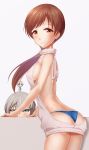  2girls absurdres anastasia_(idolmaster) ass back blue_eyes blue_panties breasts brown_eyes brown_hair chibi highres idolmaster idolmaster_cinderella_girls looking_at_viewer multiple_girls nitta_minami panties ponytail sideboob silver_hair smile takahirokun underwear virgin_killer_sweater 