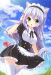  1girl animal_ears apron bangs blue_sky blurry blush breasts cat_ears cat_girl cat_tail center_frills clouds cloudy_sky corset day depth_of_field dutch_angle eyebrows_visible_through_hair frilled_apron frills grass green_eyes hair_between_eyes highres large_breasts leaf light_rays long_hair looking_at_viewer maid maid_headdress nagisa_rio open_mouth original outdoors puffy_short_sleeves puffy_sleeves short_sleeves silver_hair sky smile solo tail thigh-highs underbust waist_apron white_legwear wrist_cuffs zettai_ryouiki 