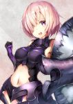  1girl armor armored_dress bangs black_gloves black_leotard blush breasts center_opening fate/grand_order fate_(series) gloves hair_over_one_eye holding_shield large_breasts lavender_hair looking_at_viewer navel navel_cutout open_mouth pink_hair shield shielder_(fate/grand_order) short_hair smile solo teeth umagenzin violet_eyes 