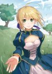  1girl antenna_hair blonde_hair blue_dress blue_ribbon blue_sky blush braid breasts cleavage closed_mouth clouds commentary_request corset day dress eyebrows_visible_through_hair fate/stay_night fate_(series) foreshortening gauntlets grass green_eyes hair_over_eyes hair_ribbon kawai_makoto long_sleeves looking_at_viewer medium_breasts outdoors outstretched_arm outstretched_hand puffy_sleeves ribbon saber short_hair sky smile solo standing sunlight tree 