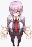  1girl black_dress black_legwear breasts dress fate/grand_order fate_(series) foreshortening glasses hair_over_one_eye highres jacket looking_at_viewer michihasu necktie outstretched_hand pantyhose purple_hair shielder_(fate/grand_order) short_hair solo violet_eyes 