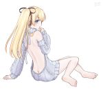  1girl 2017 aran_sweater arm_support artist_name ass backless_outfit bangs bare_back bare_shoulders black_ribbon blonde_hair blue_eyes butt_crack dated detached_sleeves dress euphie_(holicy) eyebrows_visible_through_hair from_behind full_body grey_sweater hair_ribbon halterneck highres long_hair looking_at_viewer looking_back naked_sweater open-back_dress parted_lips ribbed_sweater ribbon shironeko_project side_ponytail signature simple_background sitting soles solo sophie_(shironeko_project) sweater sweater_dress turtleneck turtleneck_sweater virgin_killer_sweater white_background yokozuwari 