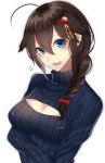  1girl ahoge blue_eyes blue_sweater braid breasts brown_hair cleavage hair_between_eyes hair_flaps hair_ornament head_tilt highres kantai_collection long_hair long_sleeves medium_breasts onineko-chan open-chest_sweater open_mouth remodel_(kantai_collection) ribbed_sweater shigure_(kantai_collection) simple_background single_braid solo sweater teeth turtleneck white_background 