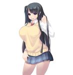  1girl black_hair breasts large_breasts long_hair mole mole_under_mouth one_side_up original plaid plaid_skirt pointy_ears raised_eyebrows shiki_(psychedelic_g2) simple_background skirt smile solo sweater_vest thighs very_long_hair violet_eyes white_background 