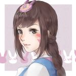  1girl alternate_costume alternate_hairstyle bangs braid brown_eyes brown_hair bunny_hair_ornament character_name d.va_(overwatch) facepaint facial_mark from_side grey_background hair_ornament hanbok korean_clothes light_smile long_hair looking_at_viewer looking_to_the_side overwatch palanquin_d.va portrait ruan_chen_yue signature sketch solo traditional_clothes whisker_markings white_border 