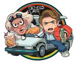  2boys back_to_the_future brown_hair car cherry copyright_name delorean drinking_straw emmett_brown food fruit gashi-gashi glass_bottle gloves goggles goggles_on_head ground_vehicle looking_at_viewer male_focus marty_mcfly motor_vehicle multiple_boys open_mouth spoon sweat 
