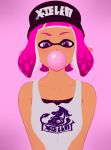  1girl bare_shoulders breast_squeeze breasts chewing_gum collarbone inkling long_hair looking_at_viewer parted_lips pink_background pink_eyes pink_hair pointy_ears raised_eyebrows short_hair simple_background small_breasts solo splatoon splatoon_2 taka-michi 