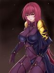  1girl akira_(yuibnm71) bangs blush bodysuit breasts closed_mouth covered_navel cowboy_shot fate/grand_order fate_(series) from_side highres large_breasts long_hair looking_at_viewer looking_to_the_side pauldrons purple_bodysuit purple_hair red_eyes scathach_(fate/grand_order) smile solo very_long_hair 