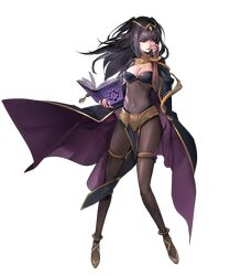  1girl bangs black_eyes black_hair blunt_bangs bodysuit breasts bridal_gauntlets cape circlet cleavage fire_emblem fire_emblem:_kakusei fire_emblem_heroes full_body highres long_hair nail_polish short_twintails solo tharja transparent_background twintails 