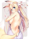  1girl 2017 animal_ears aran_sweater ass back backless_outfit bangs bare_back bare_shoulders blonde_hair blue_eyes blush breasts butt_crack character_name dated dress eyebrows_visible_through_hair fox_ears fox_girl fox_tail grey_sweater hair_between_eyes hair_ribbon halterneck hand_up highres konoha_(nozomi_tsubame) large_breasts long_hair looking_at_viewer looking_back naked_sweater nozomi_tsubame open-back_dress open_mouth original ribbed_sweater ribbon sideboob solo sweater sweater_dress tail teeth turtleneck turtleneck_sweater virgin_killer_sweater white_ribbon 