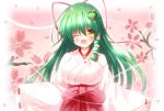  1girl alternate_costume breasts cherry_blossoms frog_hair_ornament green_hair hair_ornament hair_ribbon hair_tubes japanese_clothes kochiya_sanae large_breasts looking_at_viewer miko one_eye_closed open_mouth osashin_(osada) outstretched_arm ribbon skirt smile snake_hair_ornament solo touhou upper_body wide_sleeves yellow_eyes 